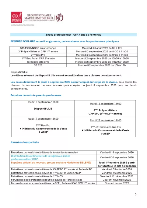 Dates de rentrée Site de Fontenay - LP - UFA